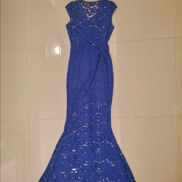 Cobalt Blue Long Mermaid Lace Dress - Picture 1 of 4